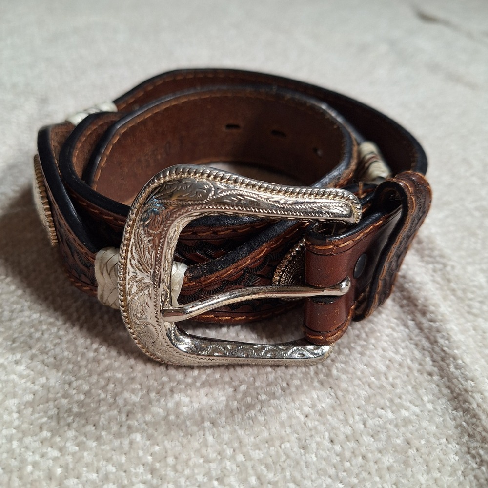 Western Tooled Leather Belt Embossed Buckle Scallop Oval Link Concho